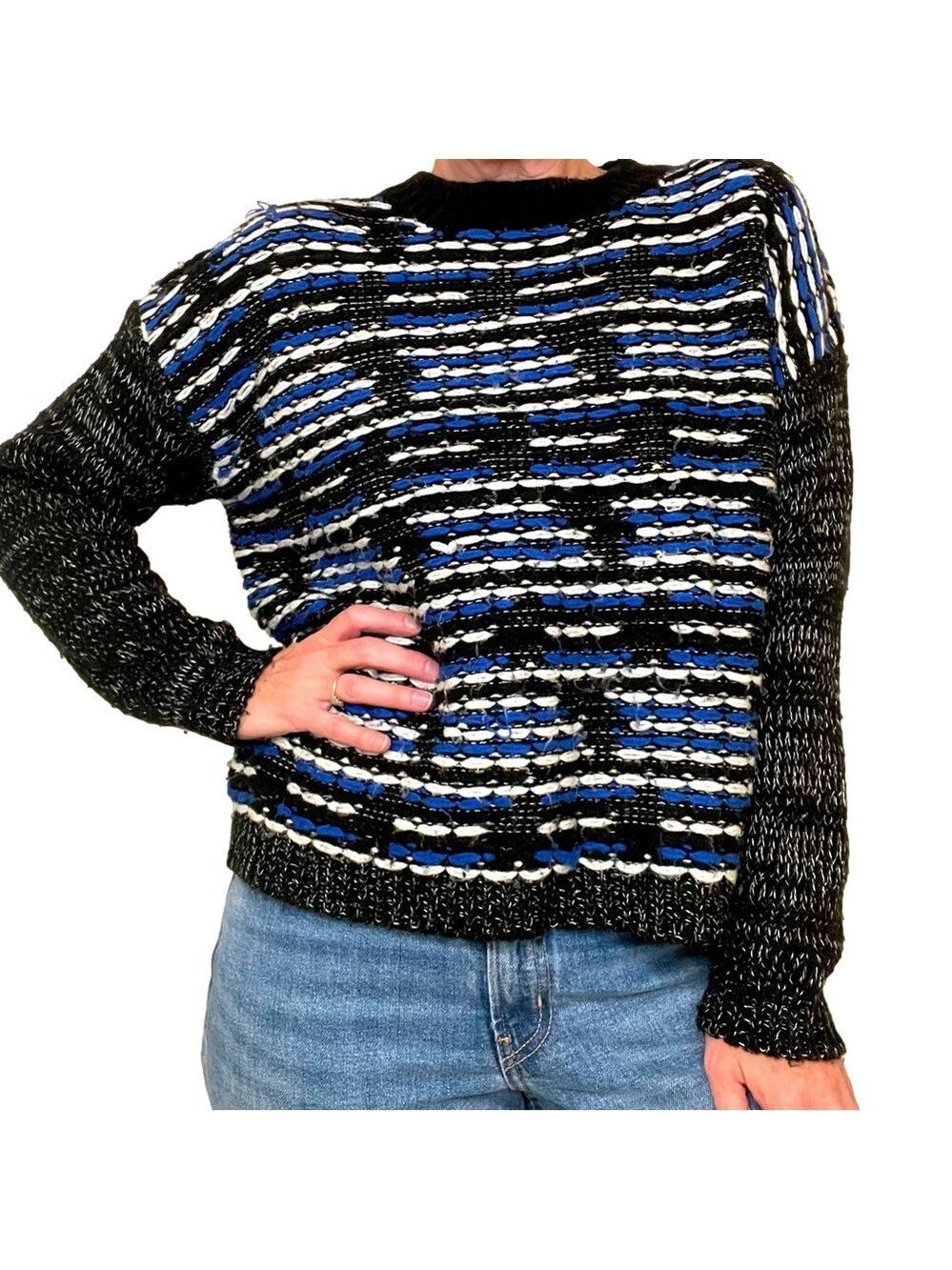 SILVIAN HEACH Crewneck Sweater Boxy Oversized Knit Woven Bouclé Black White Blue
